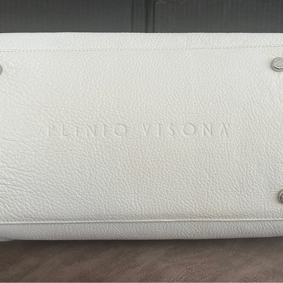 Plinio Visona Handbag. All White Italian Leather Bag with Brown Leather Trim. - Picture 11 of 13